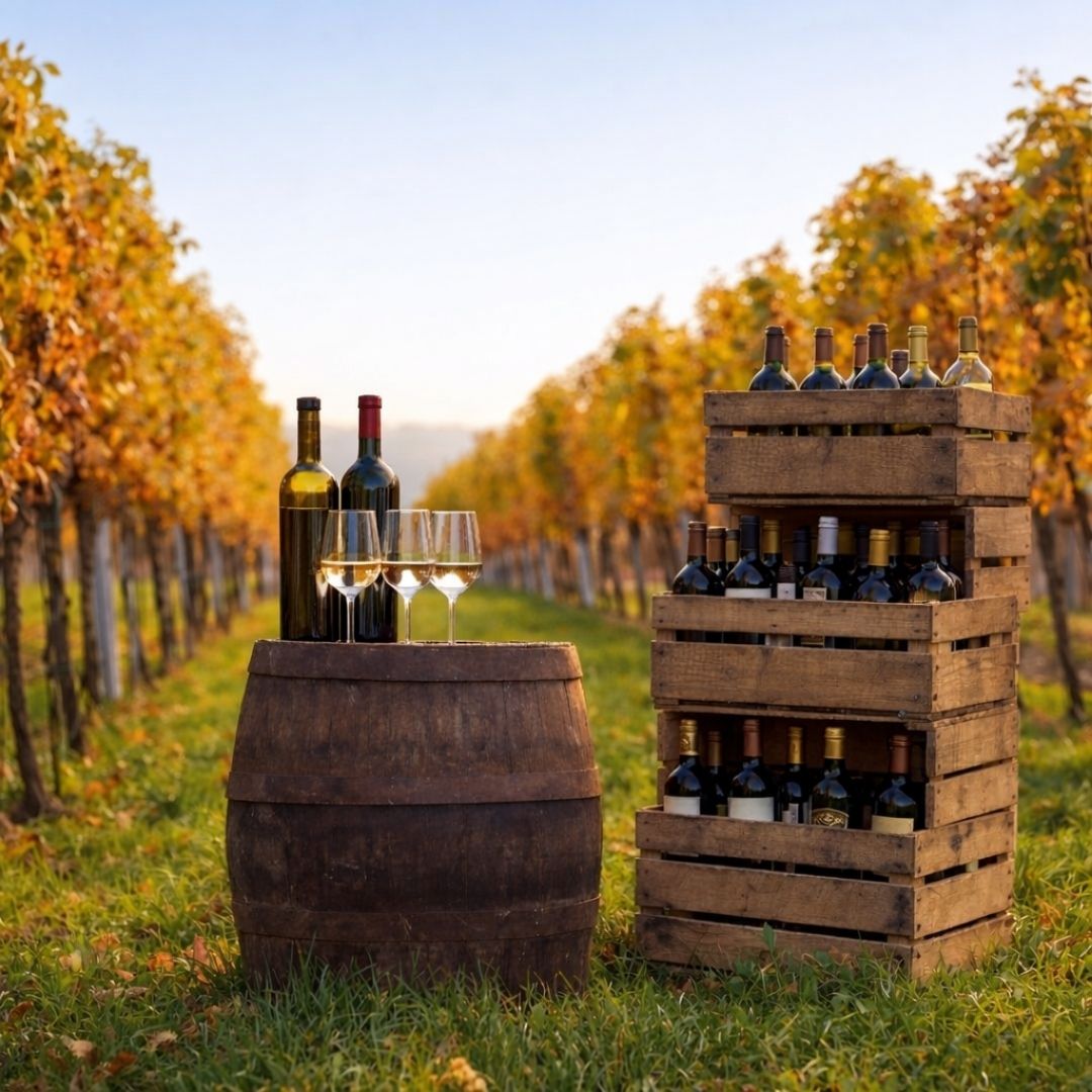 Weinflaschen und Gläser im Weinberg – Auswahl an Weinen